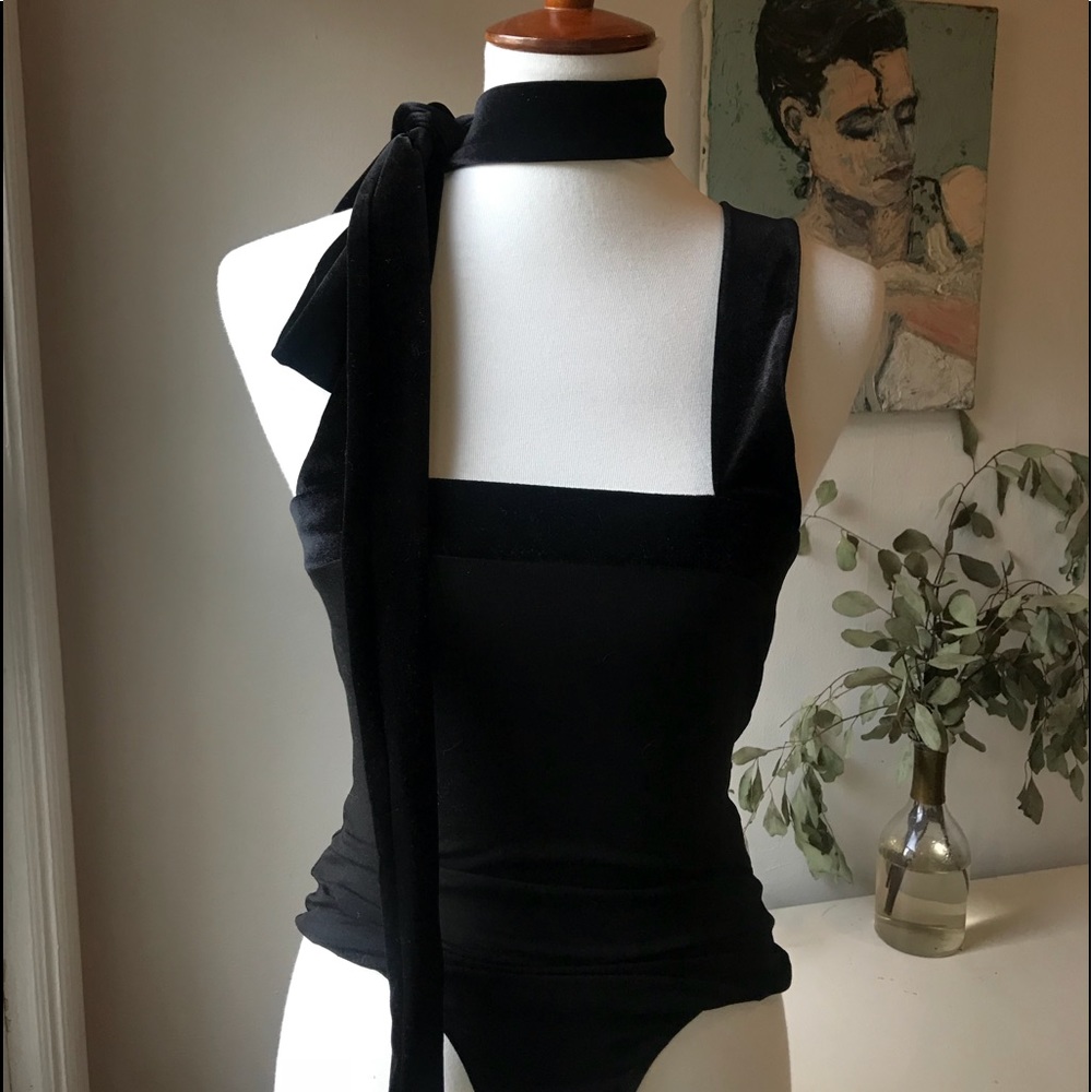 Black Velvet  & Cotton Neck-tie Leotard